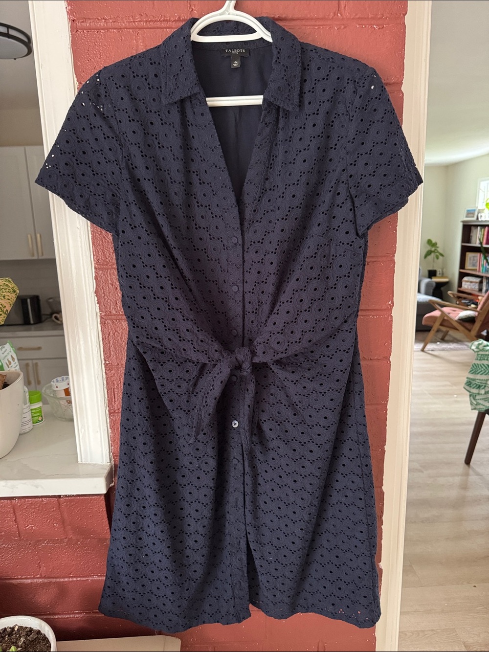 Talbots Navy Eyelet Lace Tie-Front Short Sleeve Button Down Shirt Dress 6 Petite